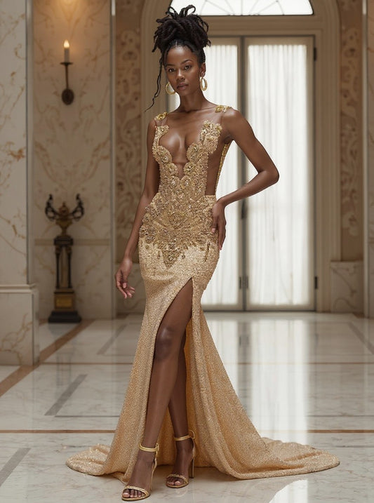 Gold in Gold Prom Gown (Mermaid)