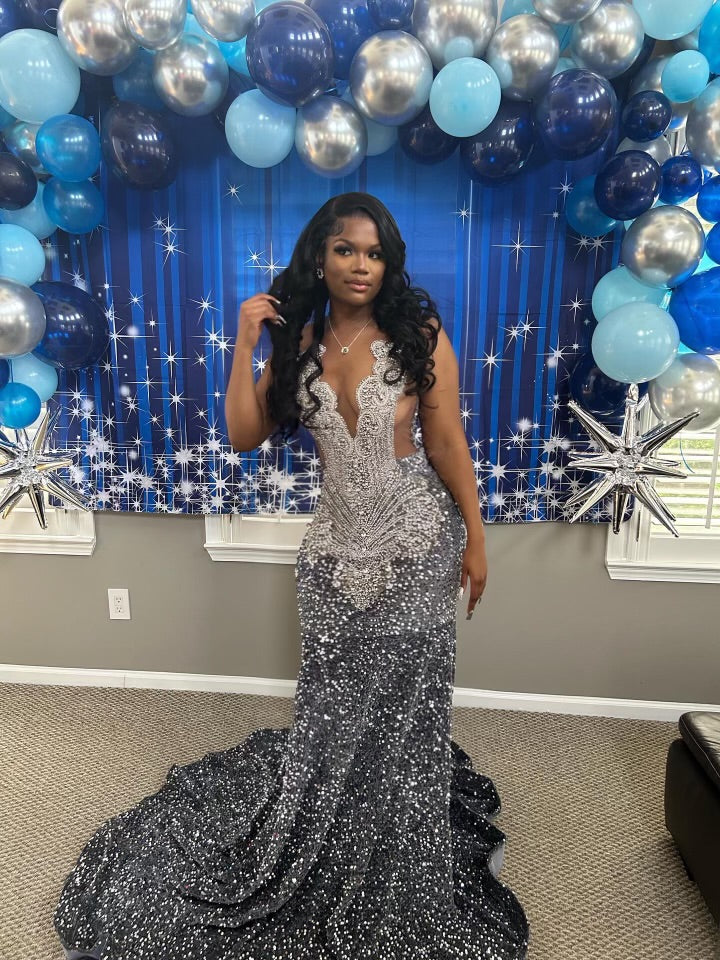 Prom Gown (Mermaid) Silver Sequin No Split