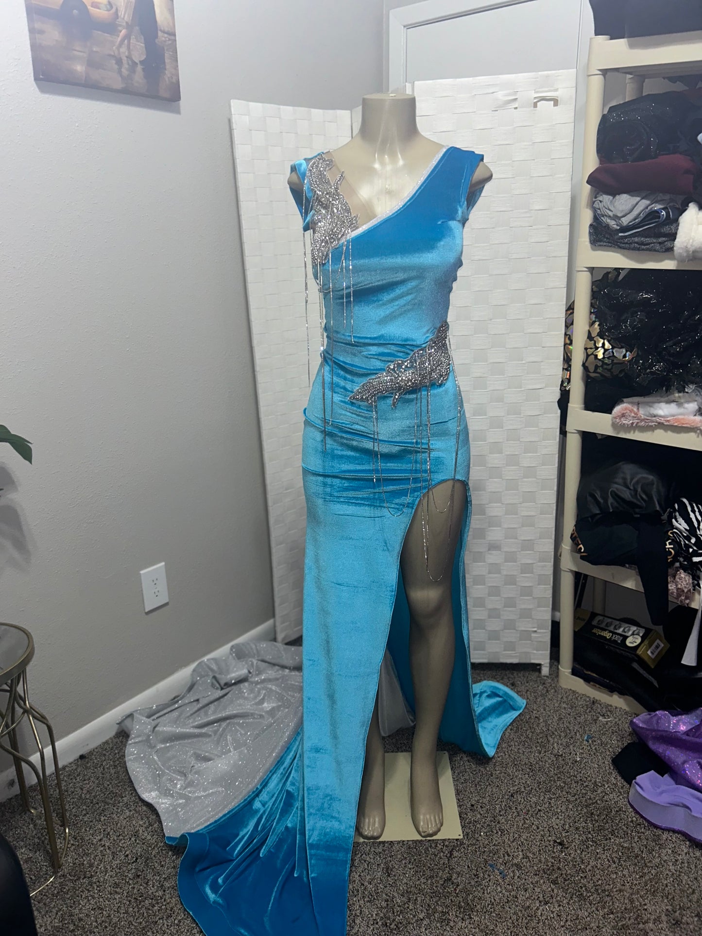 Custom Blue Velvet Prom Gown