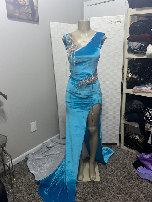 Custom Blue Velvet Prom Gown