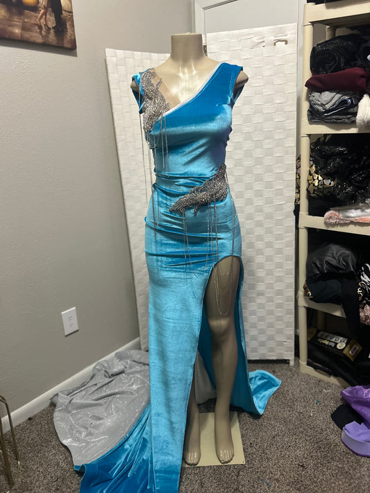 Custom Blue Velvet Prom Gown