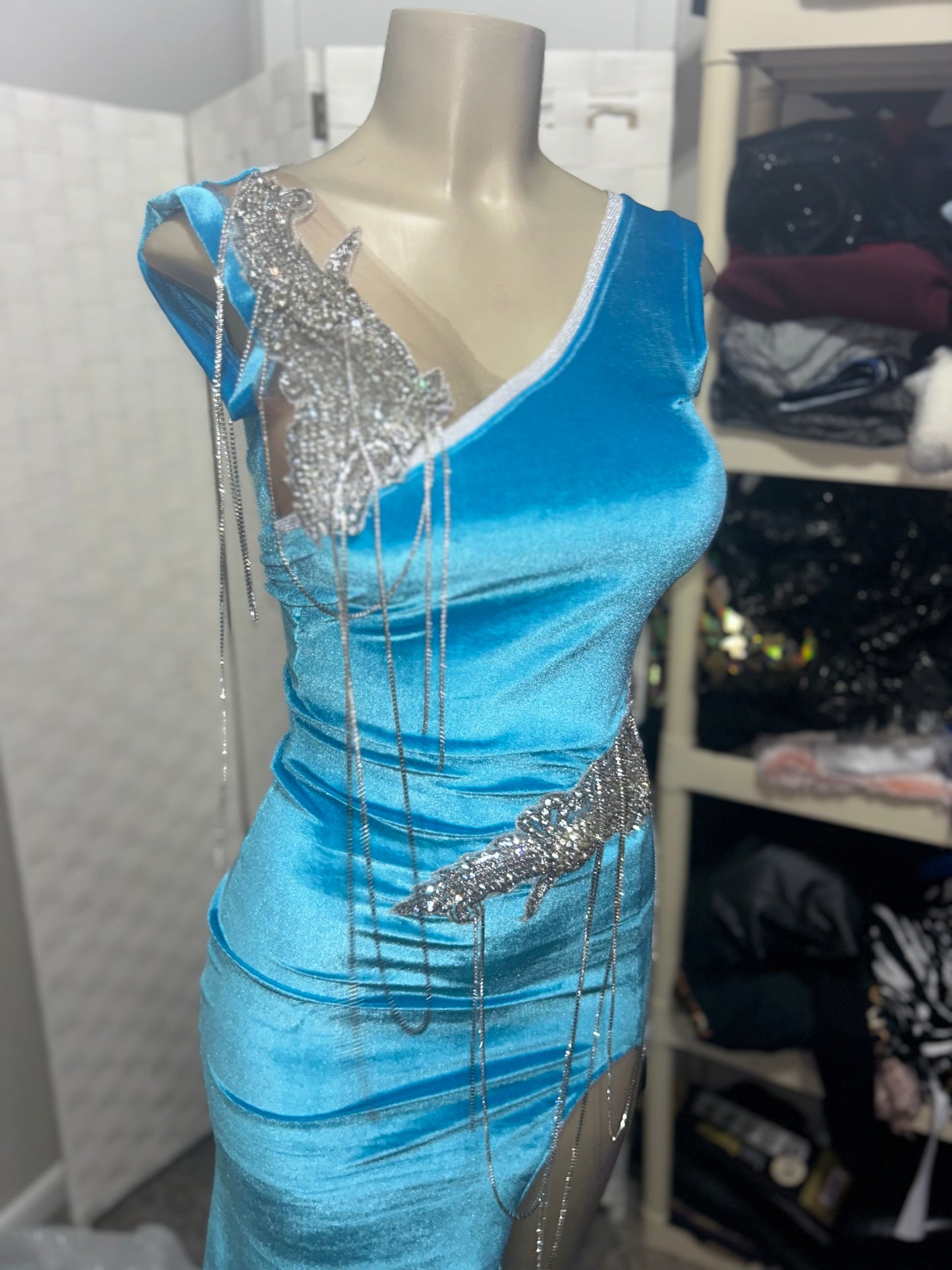 Custom Blue Velvet Prom Gown