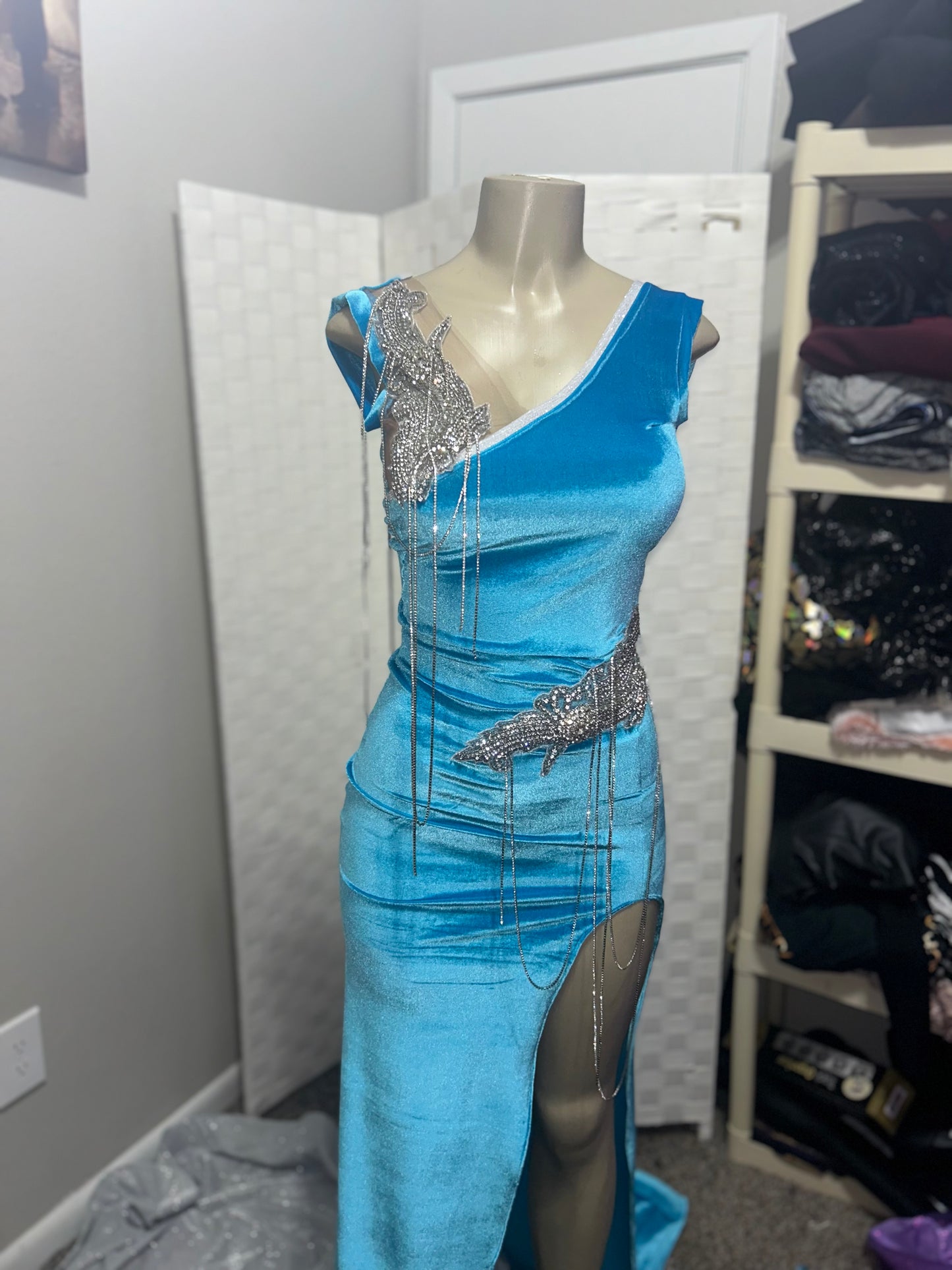 Custom Blue Velvet Prom Gown