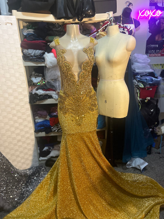 Gold in Gold Prom Gown (Mermaid)