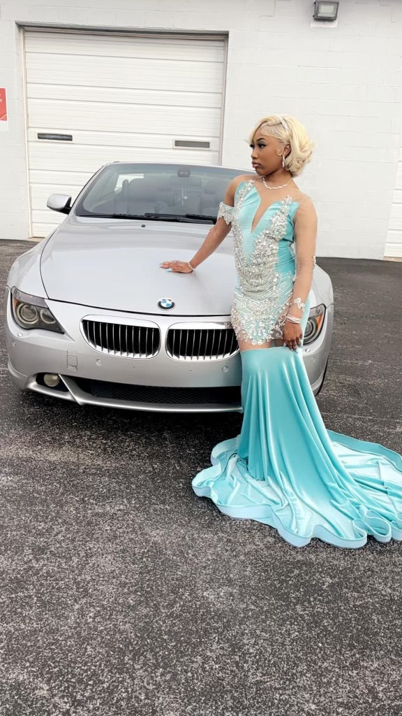 Prom Gown (Mermaid) Tiffany Blue Cut Outs with sleeve