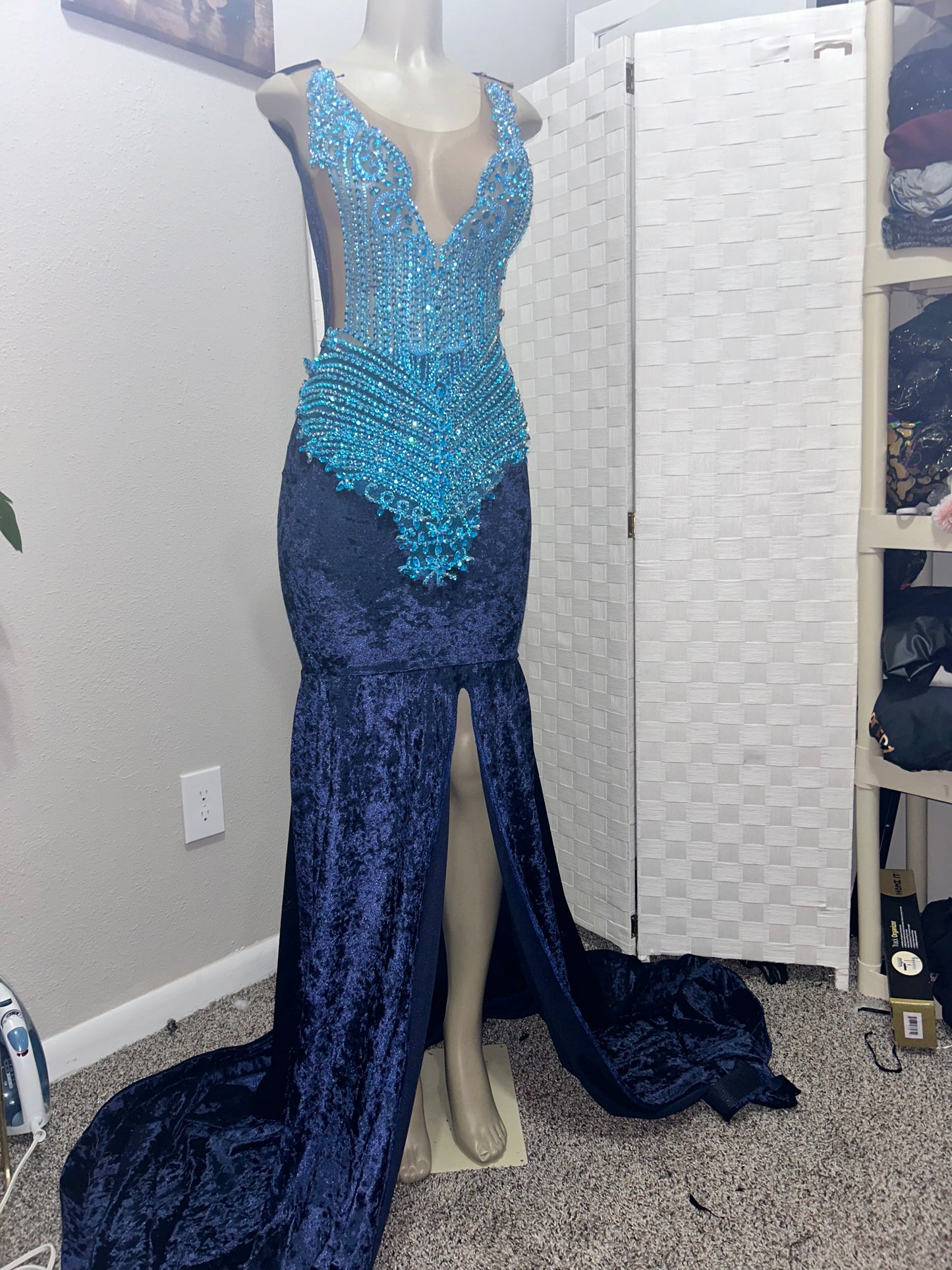 Crushed Velvet Navy Prom Gown (Mermaid)