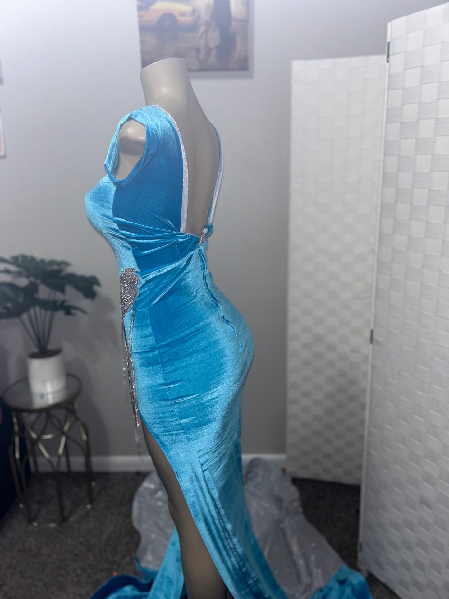 Custom Blue Velvet Prom Gown