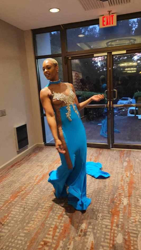 Blue Sleeveless Prom Gown Long Train