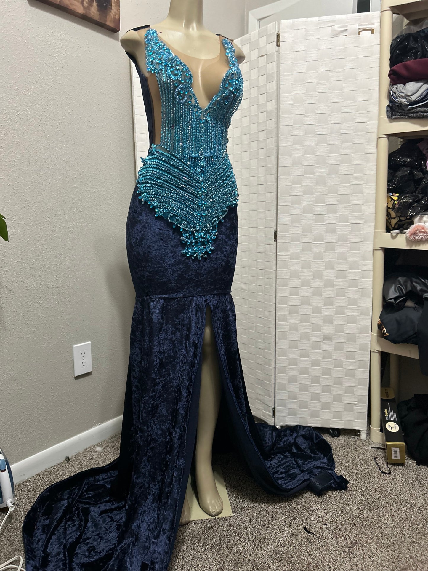 Crushed Velvet Navy Prom Gown (Mermaid)