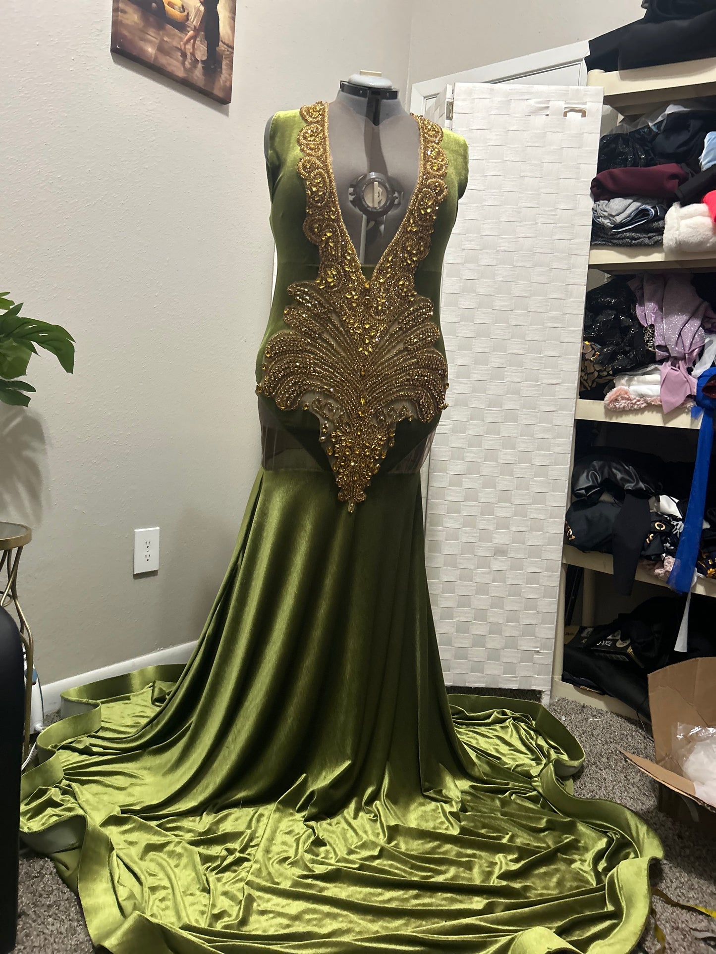 Olive Green Velvet Prom Gown (Mermaid)