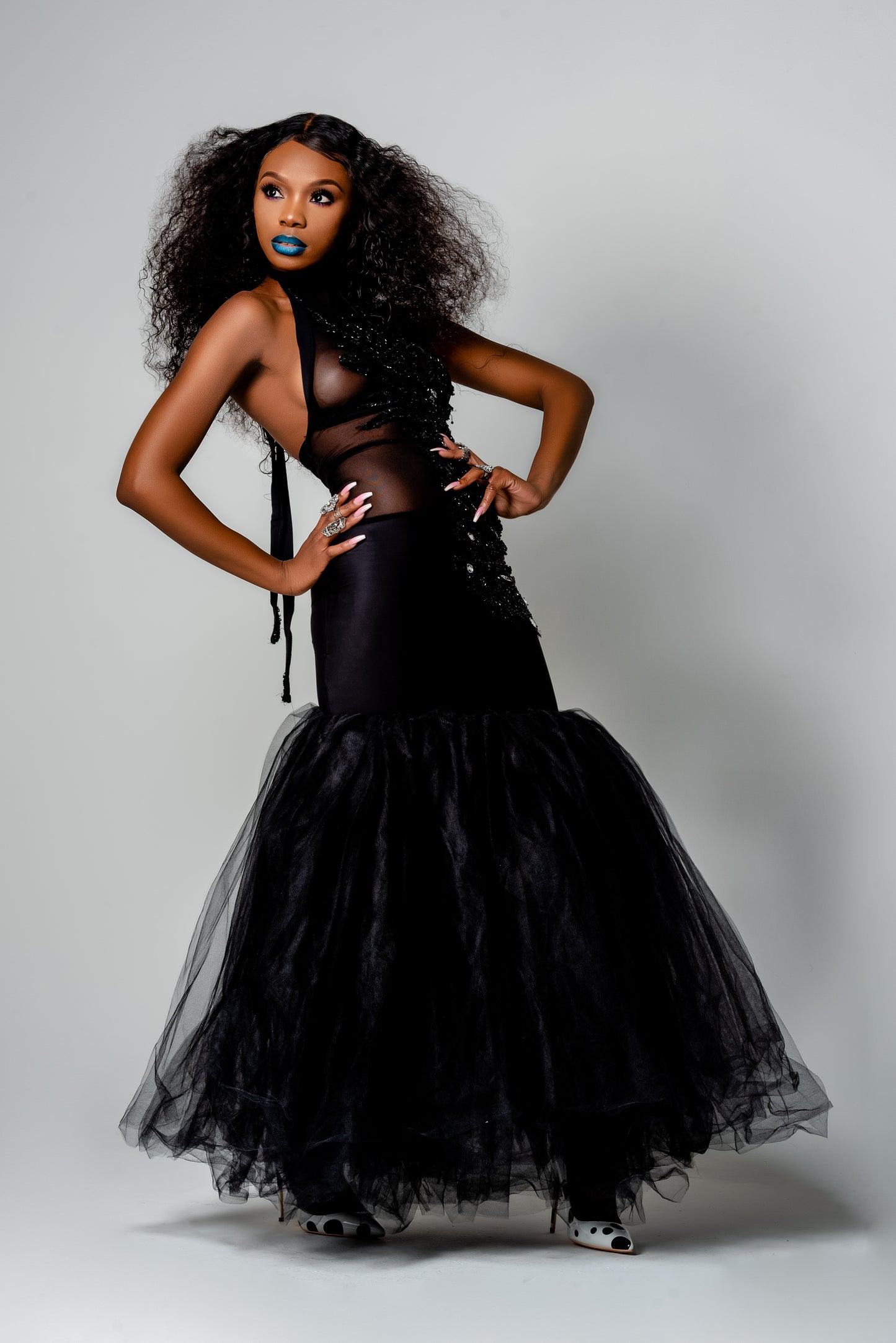 Black Jeweled and Tulle Prom Dress
