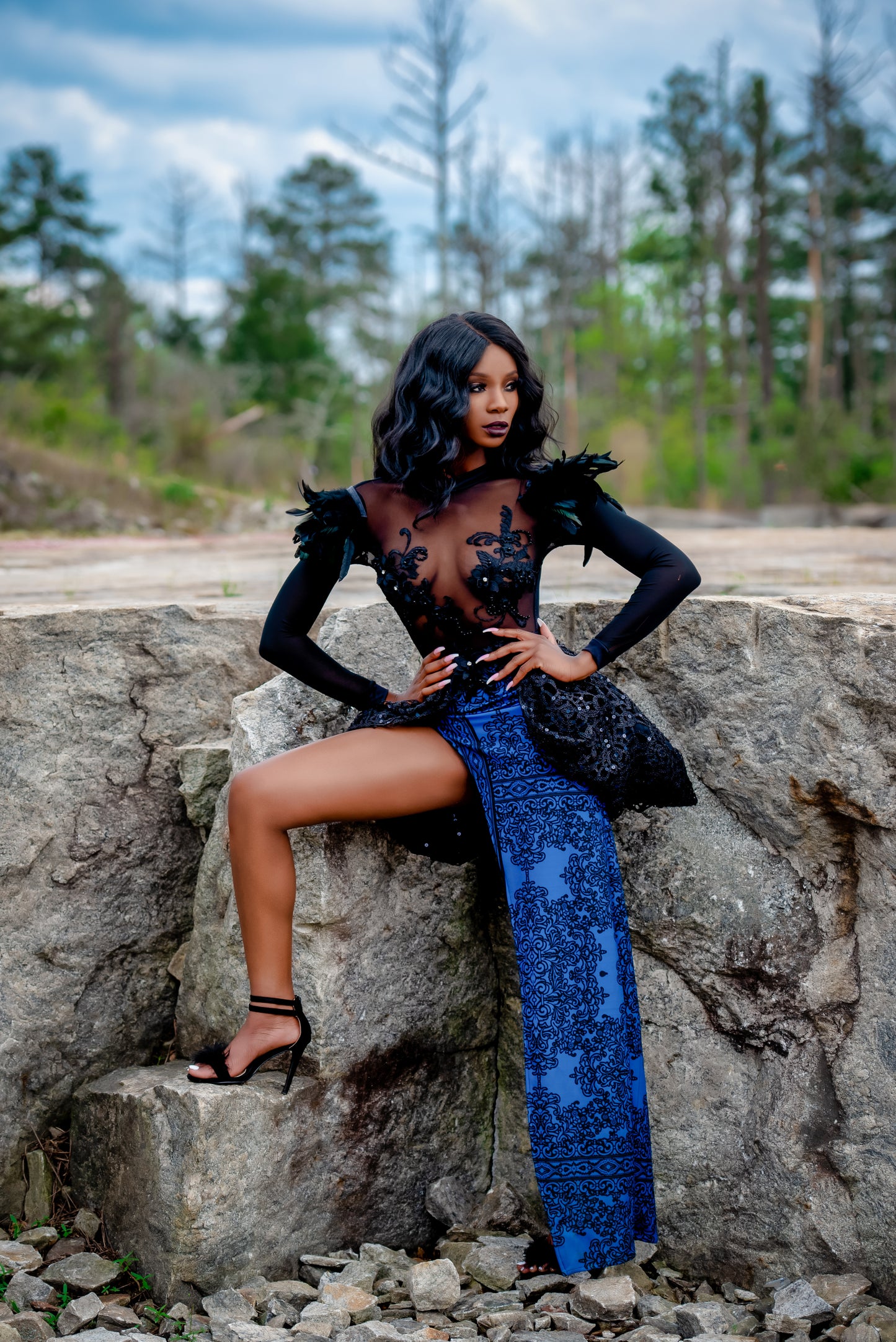 Black and Blue Feathers Evening Gown