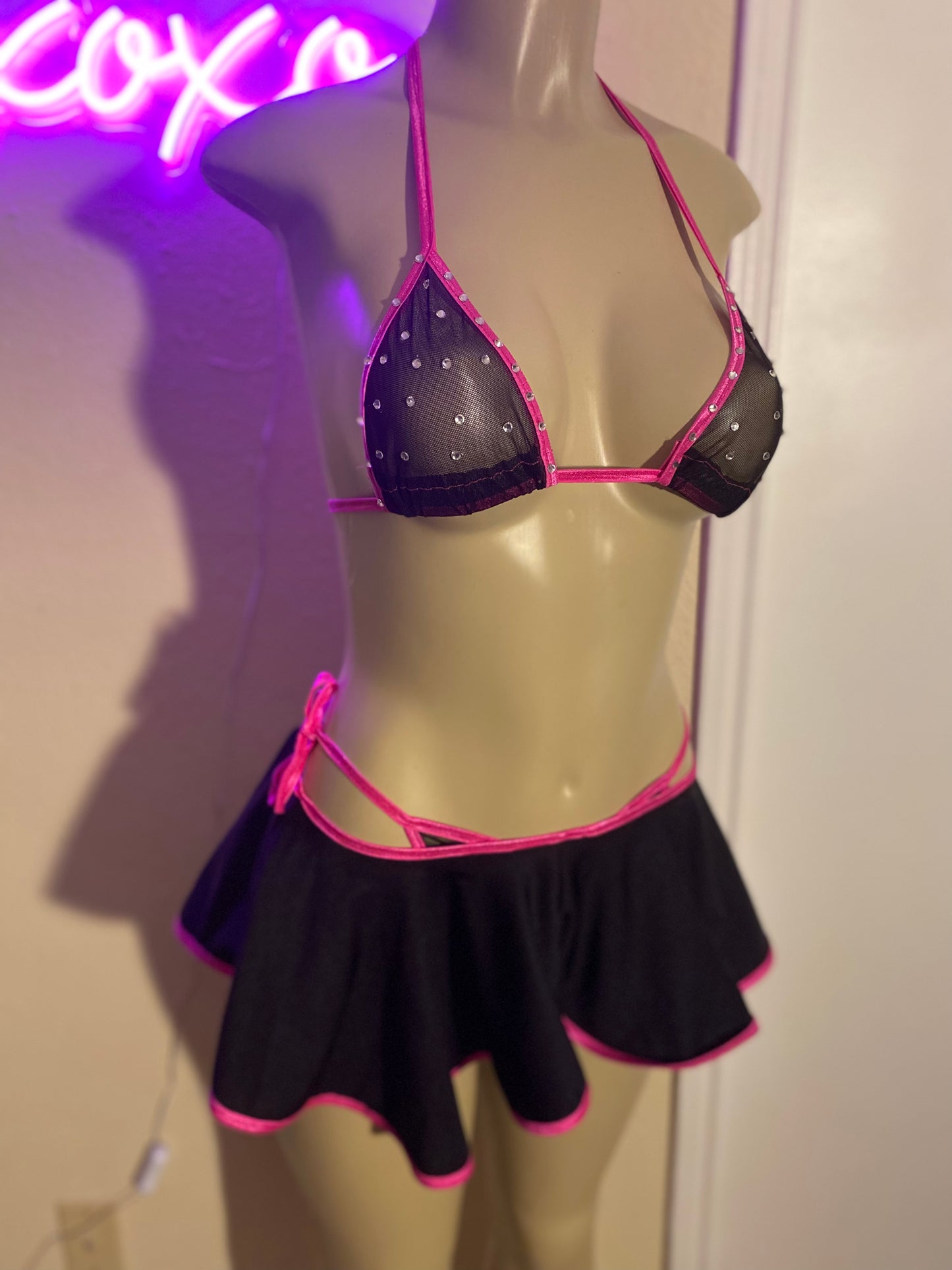 Mesh 3 piece lingerie with skirt