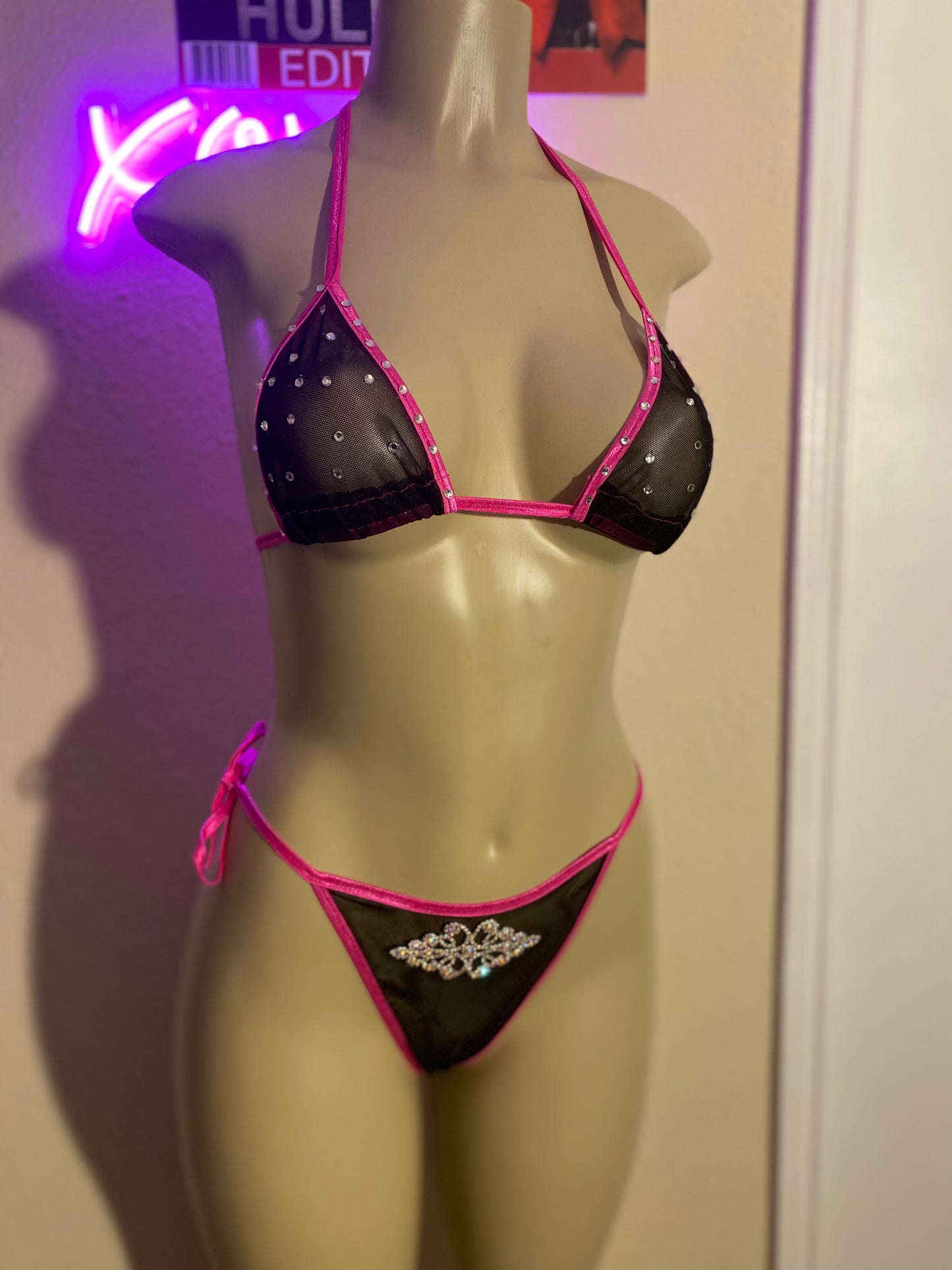 Mesh 3 piece lingerie with skirt